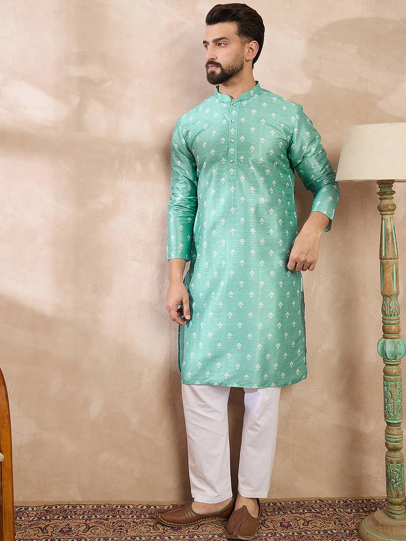 Men teal silk blend ethnic motifs printed straight kurta with trouser