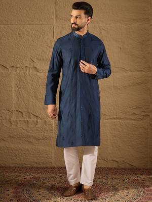 Men blue viscose rayon solid embroidered straight kurta 2