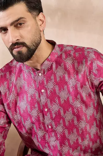 Men pink silk blend abstract printed straight kurta with trouser