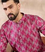 Men pink silk blend abstract printed straight kurta with trouser