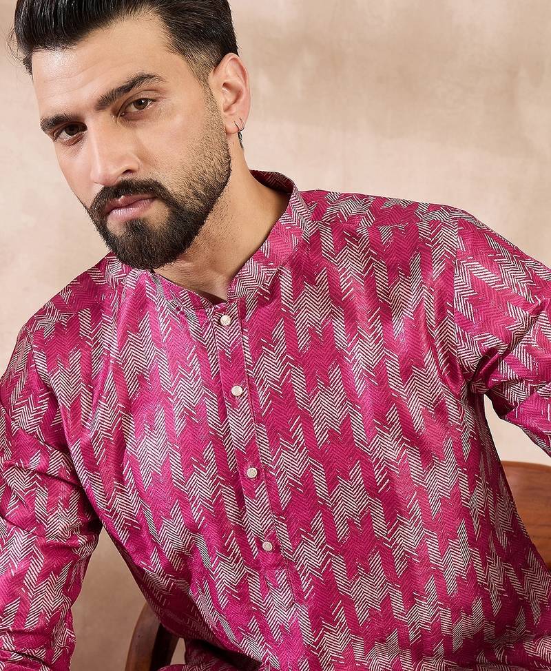 Men pink silk blend abstract printed straight kurta with trouser