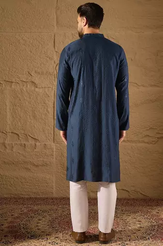 Men blue viscose rayon solid embroidered straight kurta