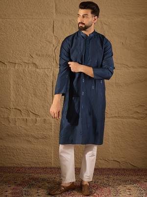 Men blue viscose rayon solid embroidered straight kurta 5