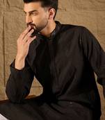 Men black viscose rayon solid embroidered straight kurta
