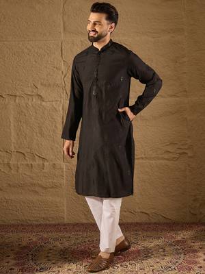 Men black viscose rayon solid embroidered straight kurta 3