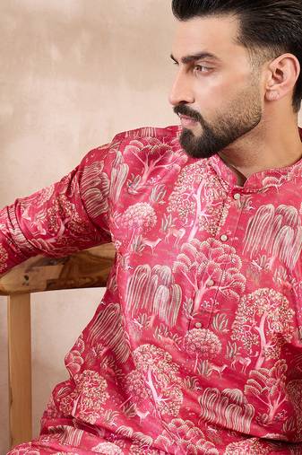 Men pink silk blend abstract printed straight kurta with trouser