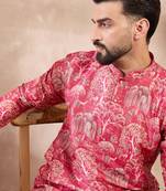 Men pink silk blend abstract printed straight kurta with trouser