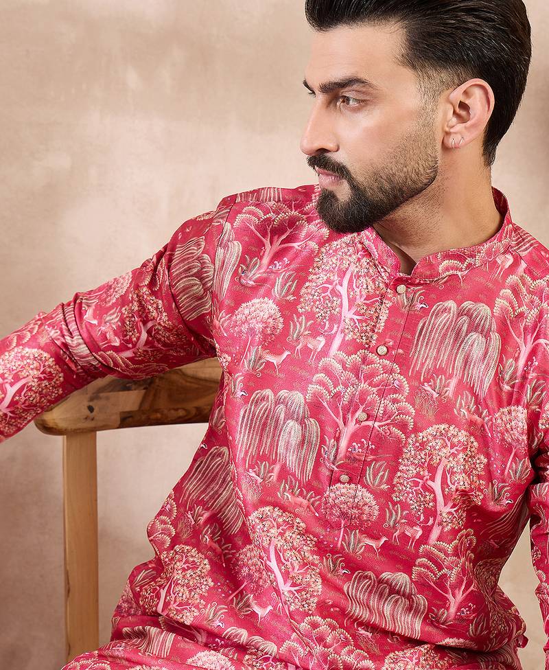 Men pink silk blend abstract printed straight kurta with trouser