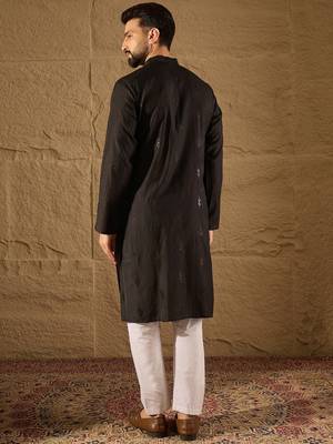 Men black viscose rayon solid embroidered straight kurta 4