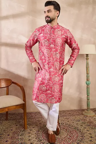 Men pink silk blend abstract printed straight kurta with trouser
