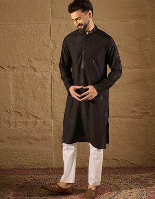 Men black viscose rayon solid embroidered straight kurta 5