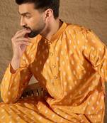 Men yellow silk blend ikat printed straight kurta
