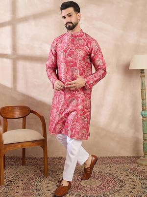Men pink silk blend abstract printed straight kurta with trouser 3