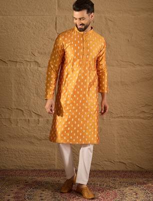 Men yellow silk blend ikat printed straight kurta 2