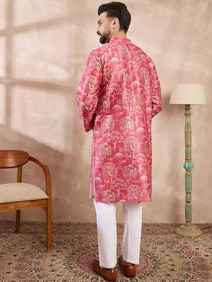 Men pink silk blend abstract printed straight kurta with trouser 4