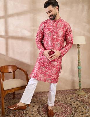 Men pink silk blend abstract printed straight kurta with trouser 5