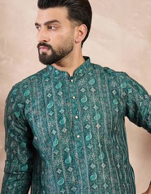 Men green silk blend ethnic motifs printed straight kurta with trouser 1