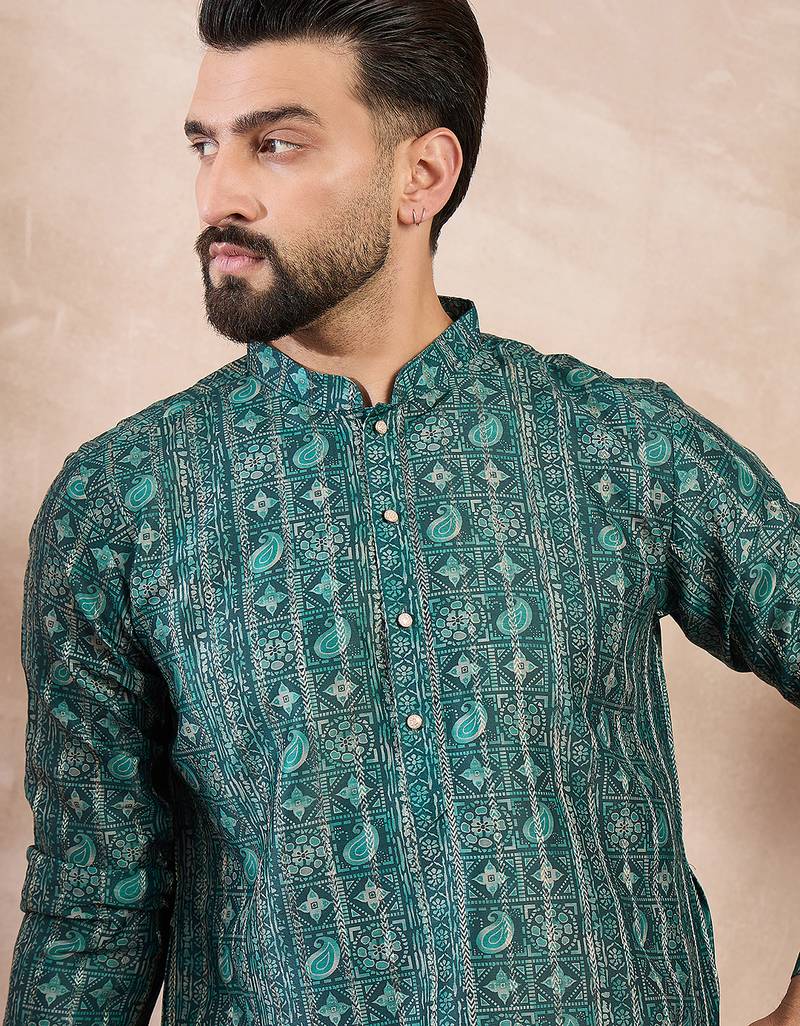 Men green silk blend ethnic motifs printed straight kurta with trouser