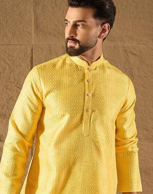 Men yellow silk blend solid embroidered straight kurta 2
