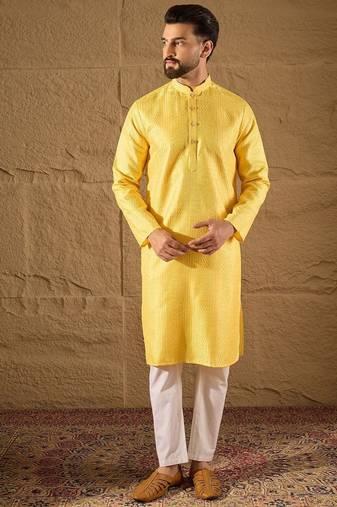 Men yellow silk blend solid embroidered straight kurta