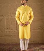 Men yellow silk blend solid embroidered straight kurta