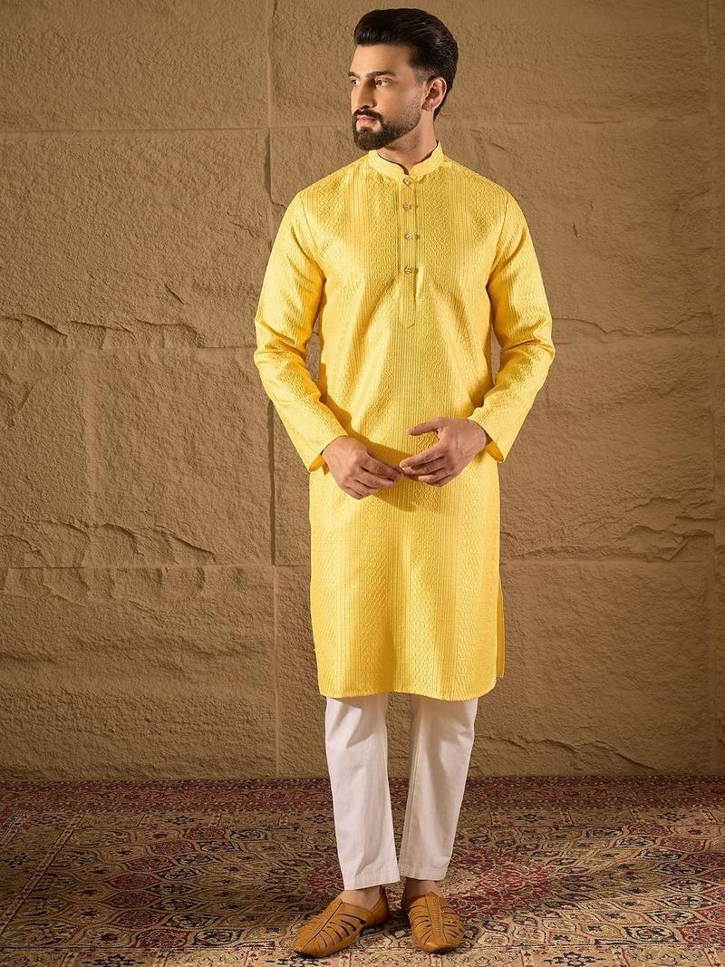 Men yellow silk blend solid embroidered straight kurta