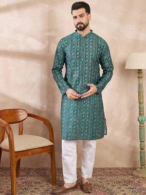 Men green silk blend ethnic motifs printed straight kurta with trouser 2