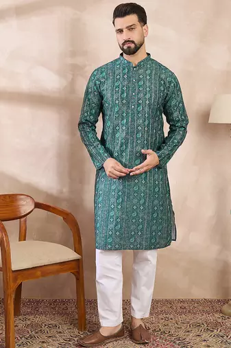 Men green silk blend ethnic motifs printed straight kurta with trouser