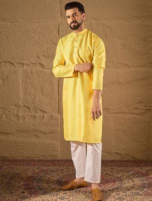 Men yellow silk blend solid embroidered straight kurta 3