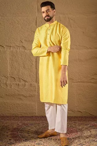 Men yellow silk blend solid embroidered straight kurta