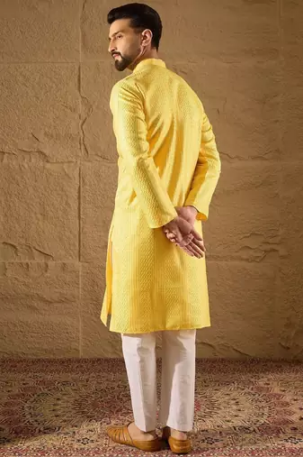 Men yellow silk blend solid embroidered straight kurta