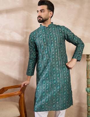 Men green silk blend ethnic motifs printed straight kurta with trouser 3
