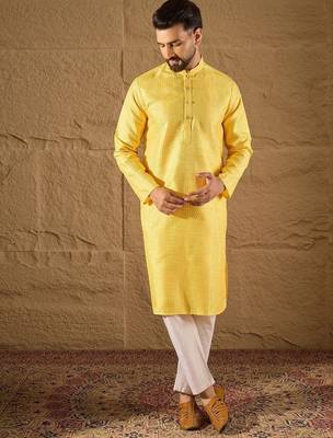 Men yellow silk blend solid embroidered straight kurta 5