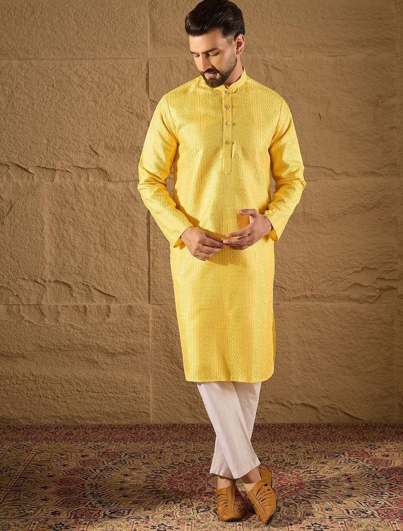 Men yellow silk blend solid embroidered straight kurta