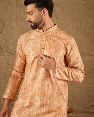 Men orange silk blend ethnic motifs embroidered straight kurta 1