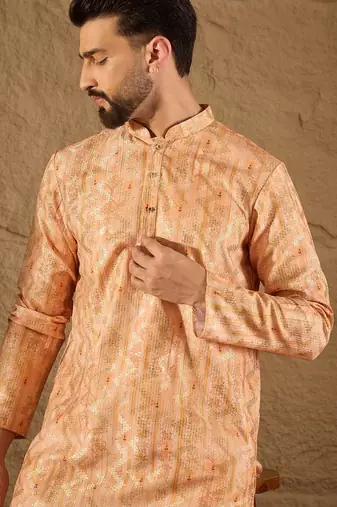 Men orange silk blend ethnic motifs embroidered straight kurta