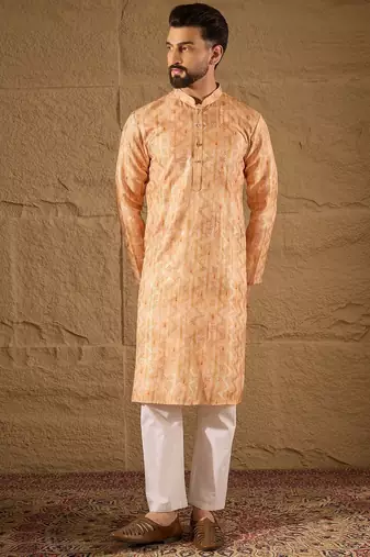 Men orange silk blend ethnic motifs embroidered straight kurta