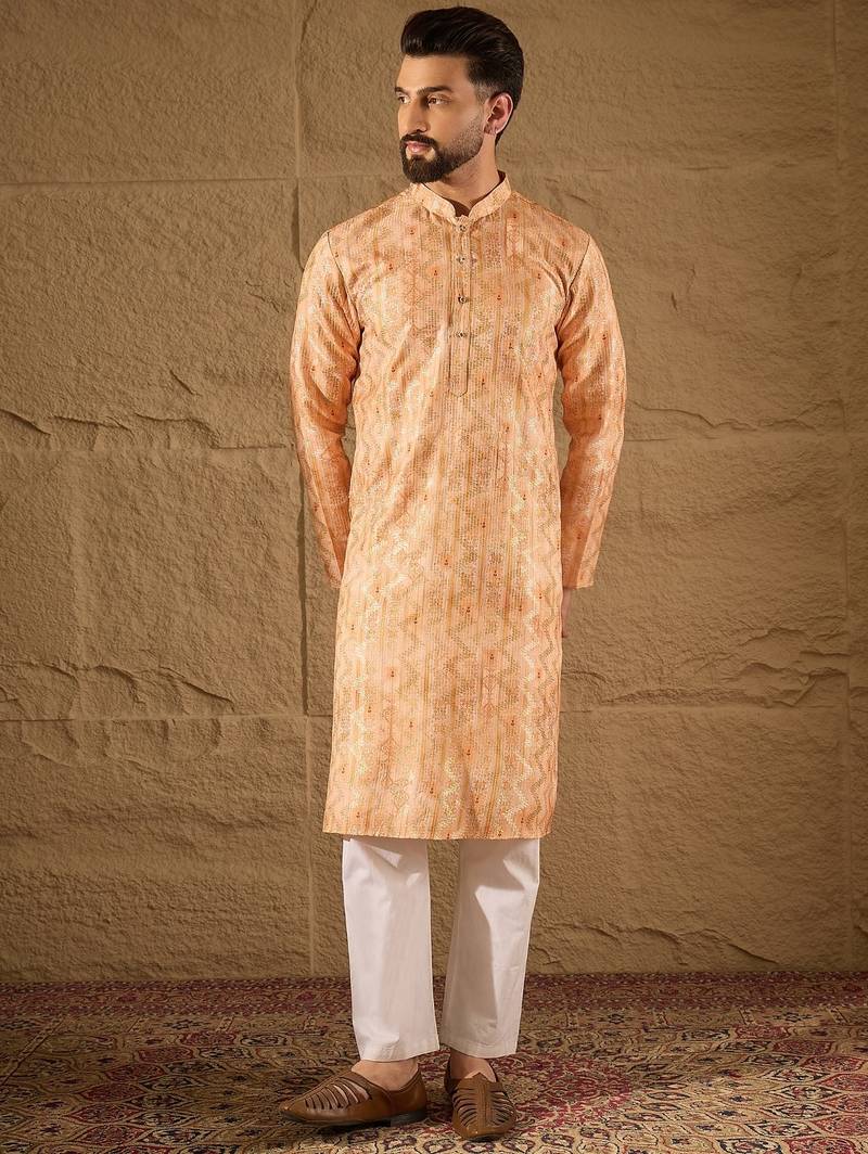 Men orange silk blend ethnic motifs embroidered straight kurta
