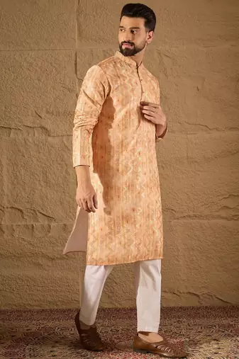 Men orange silk blend ethnic motifs embroidered straight kurta