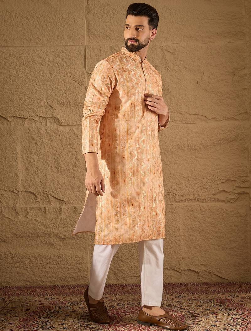 Men orange silk blend ethnic motifs embroidered straight kurta