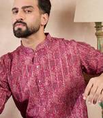 Men pink silk blend ethnic motifs printed straight kurta with trouser