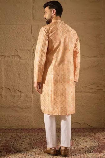 Men orange silk blend ethnic motifs embroidered straight kurta