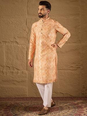 Men orange silk blend ethnic motifs embroidered straight kurta 5