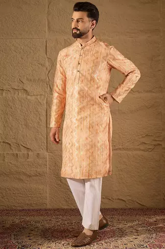 Men orange silk blend ethnic motifs embroidered straight kurta