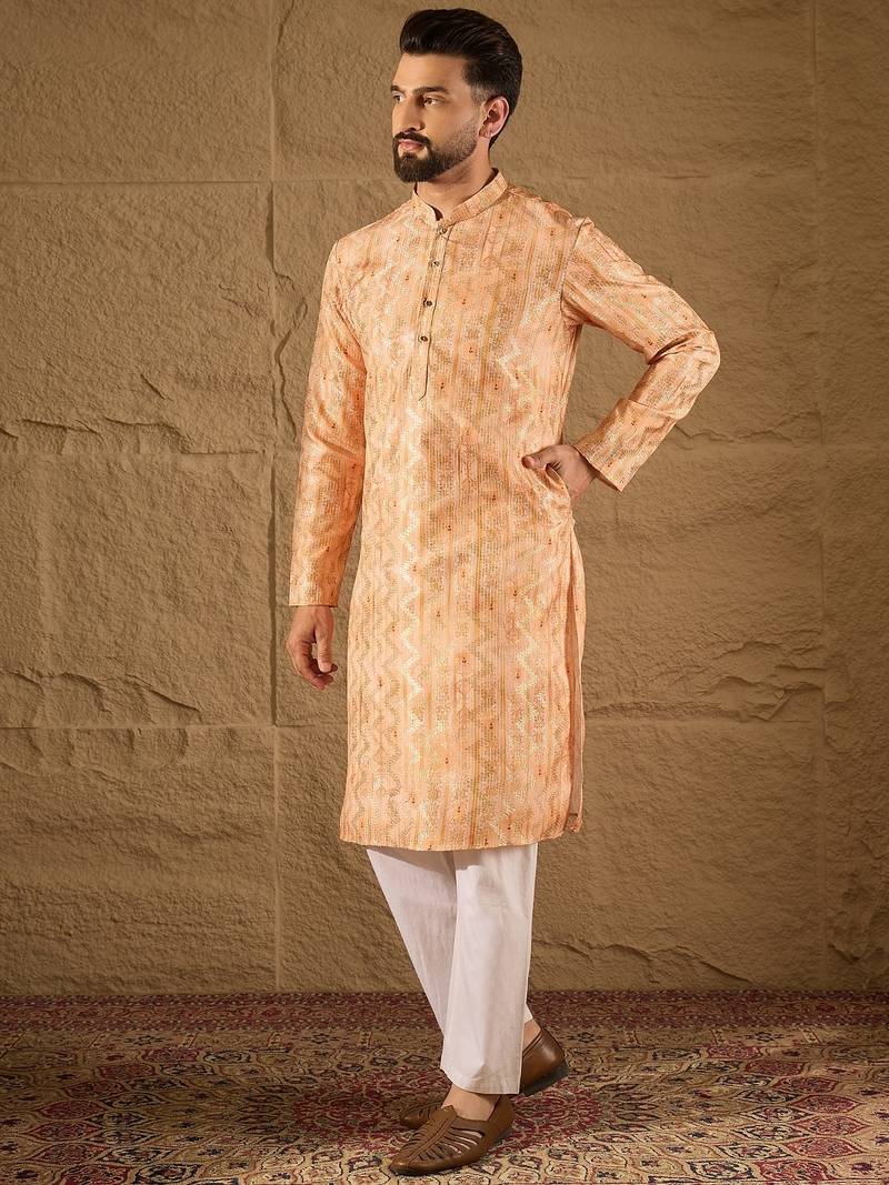 Men orange silk blend ethnic motifs embroidered straight kurta