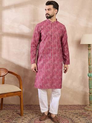 Men pink silk blend ethnic motifs printed straight kurta with trouser 2