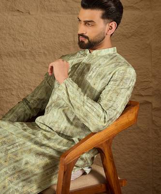Men olive silk blend ethnic motifs embroidered straight kurta 1