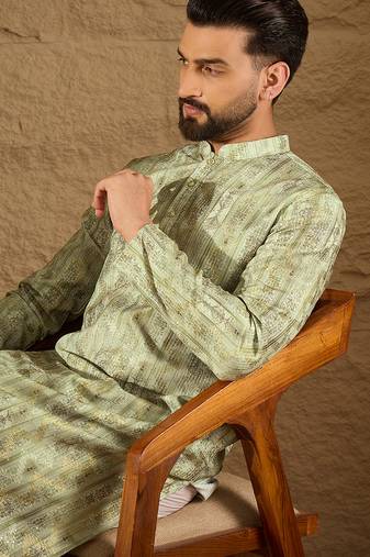 Men olive silk blend ethnic motifs embroidered straight kurta