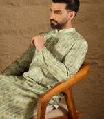 Men olive silk blend ethnic motifs embroidered straight kurta