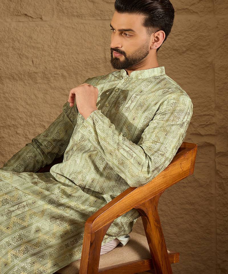 Men olive silk blend ethnic motifs embroidered straight kurta